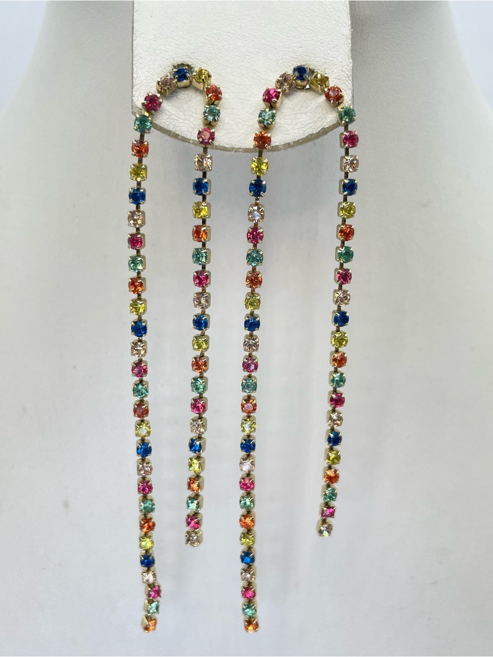 Vintage Gold Tone Rainbow Crystal Glass Waterfall Dangle Statement Earrings